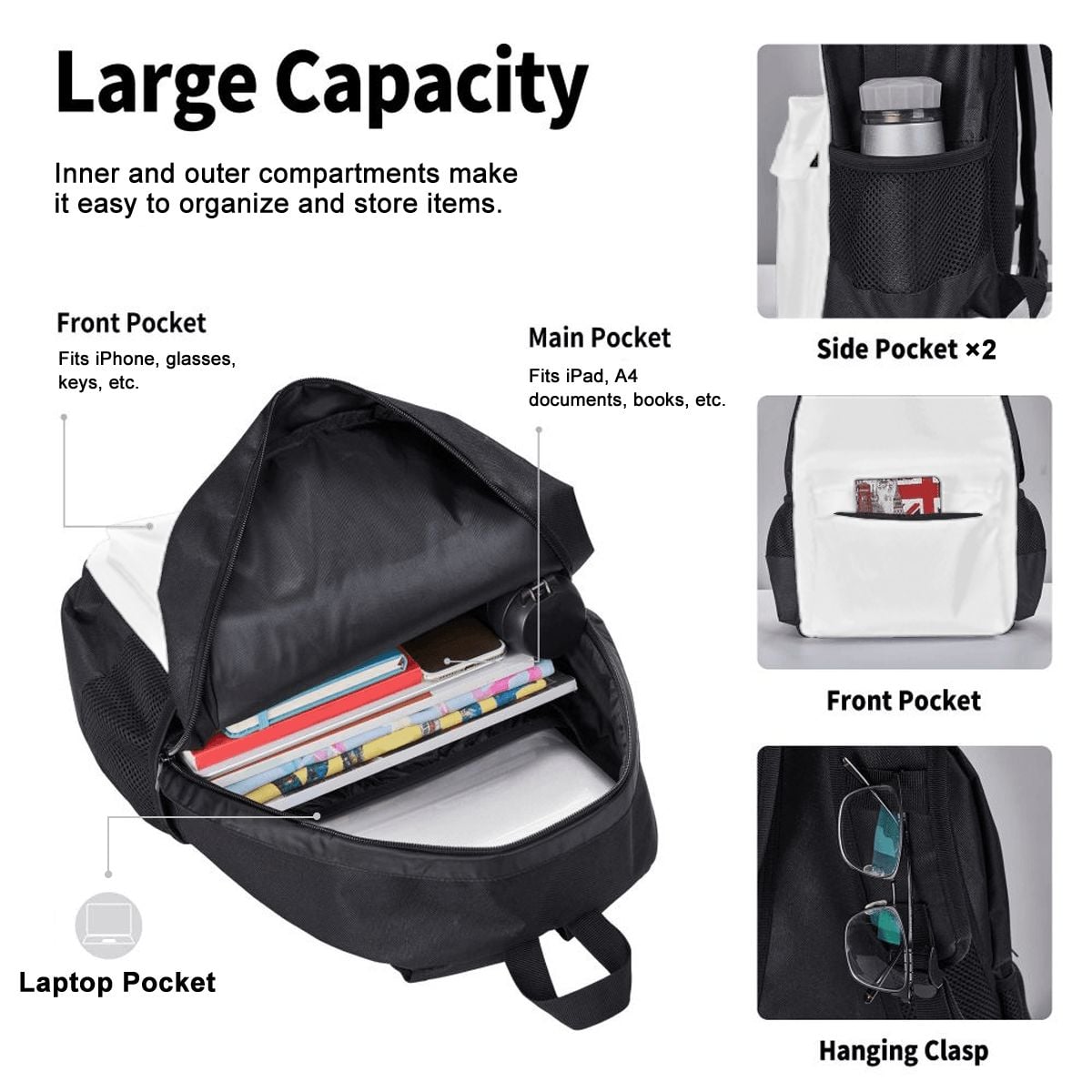3-Piece White Canvas Bag Set – Oxford Backpack, Insulated Lunch Bag & Pencil Case