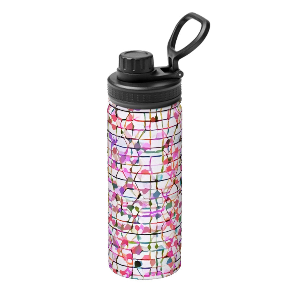 Bouteille eau sport 18oz Bagaléa – motif mosaïque floral rose et multicolore, couvercle sport noir avec anneau, acier inoxydable 
