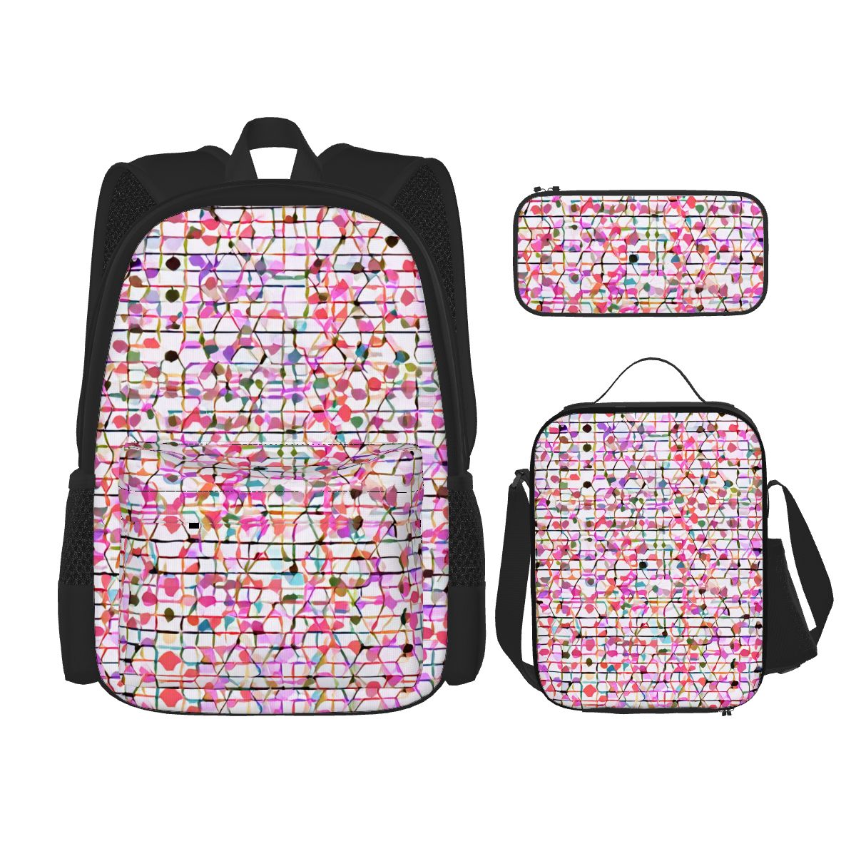 Ensemble 3 pièces Bagaléa motif Mosaïque Bloom – sac à dos, sac repas isotherme et trousse à crayons en tissu Oxford avec imprimé coloré rose et multicolore

