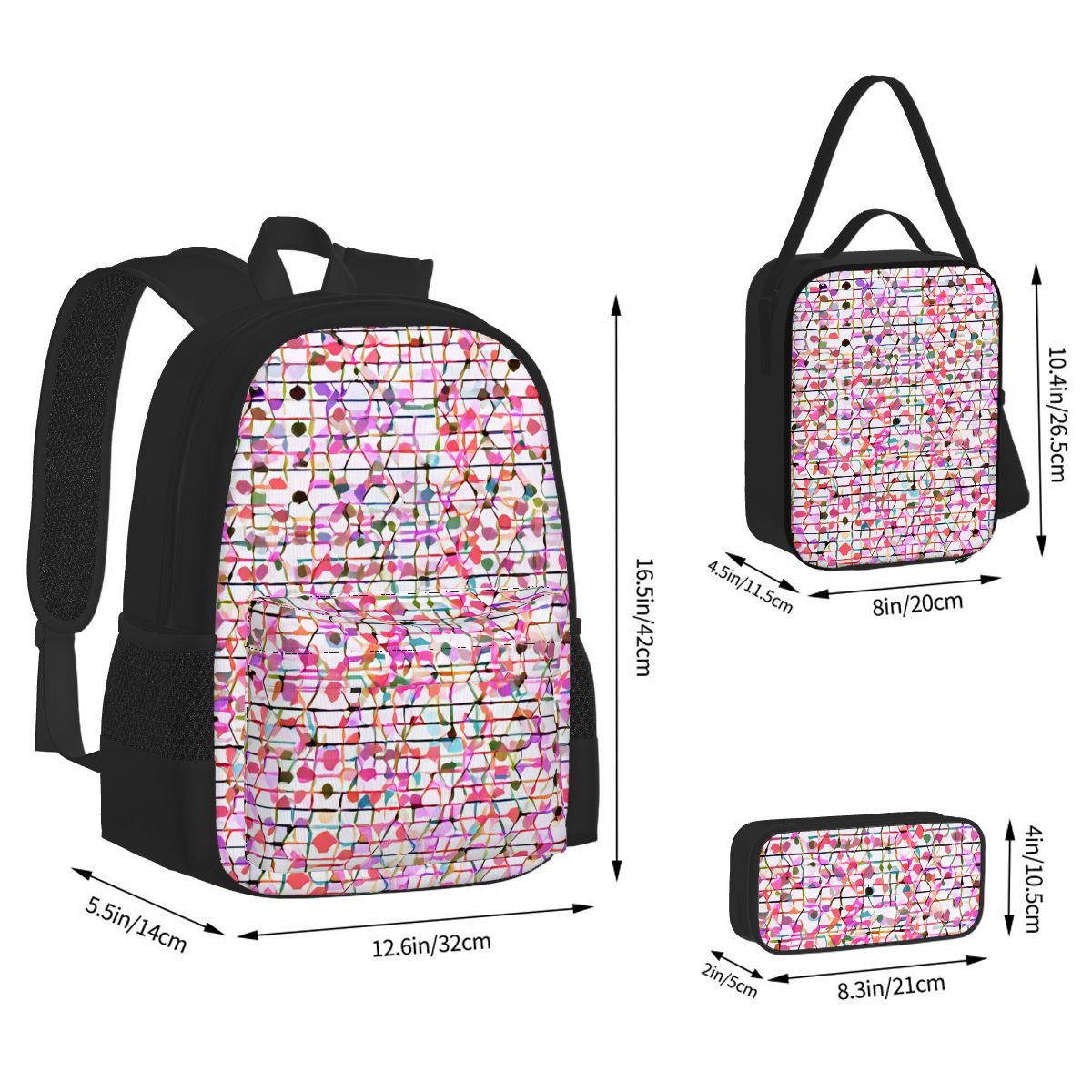 Ensemble 3 pièces Bagaléa motif Mosaïque Bloom – sac à dos, sac repas isotherme et trousse à crayons en tissu Oxford avec imprimé coloré rose et multicolore