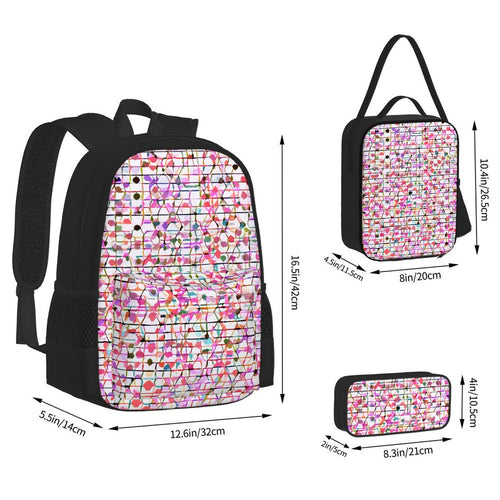 Ensemble 3 pièces Bagaléa motif Mosaïque Bloom – sac à dos, sac repas isotherme et trousse à crayons en tissu Oxford avec imprimé coloré rose et multicolore