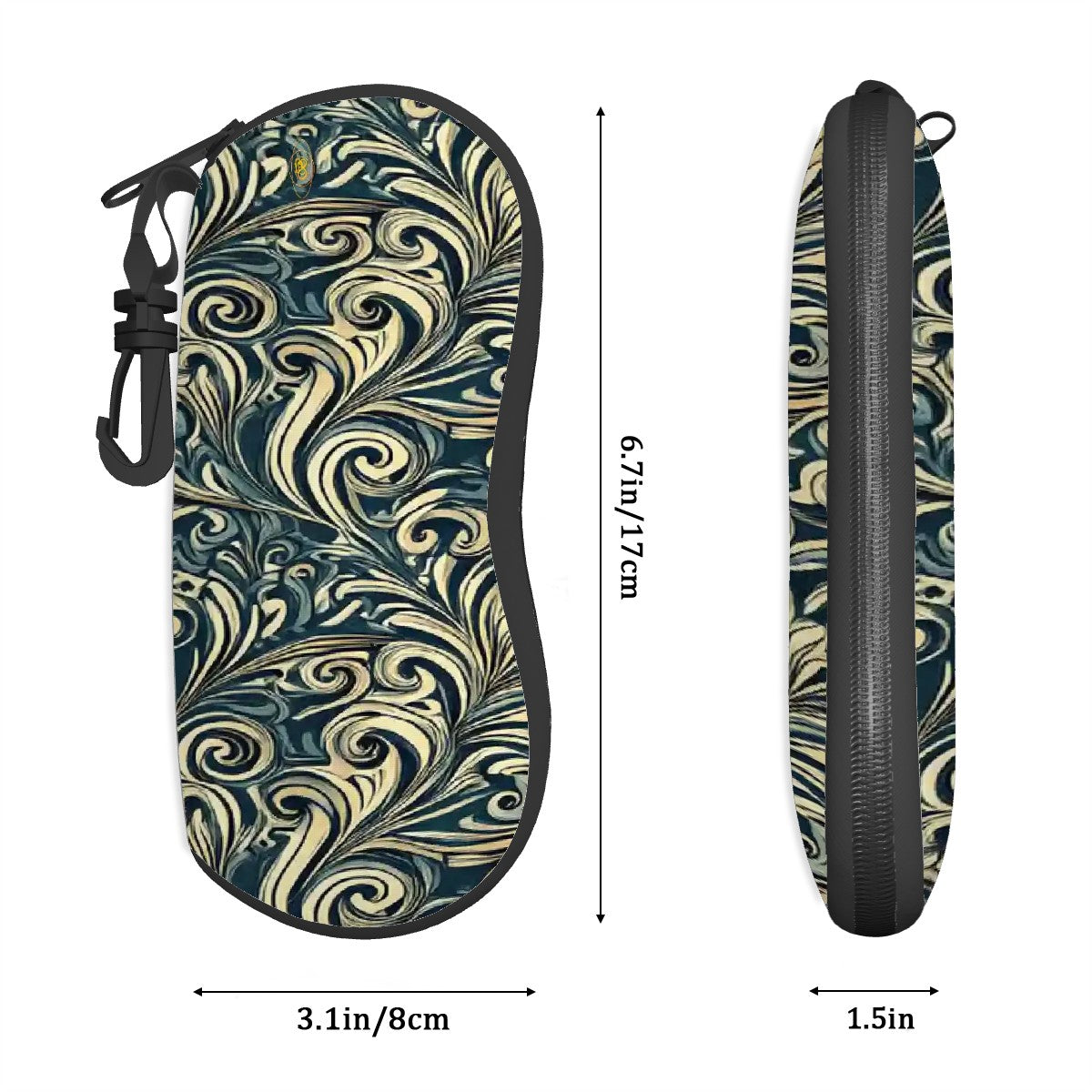 Étui à lunettes zippé en néoprène motif Volutes Baroque bleu pétrole et crème – Bagaléa

