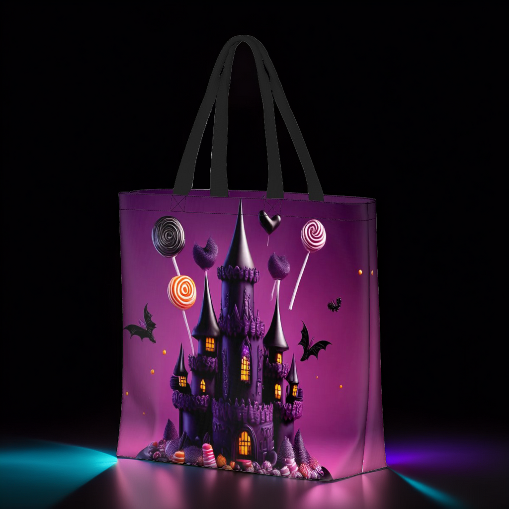 Sac fourre-tout Halloween décoré d'un château violet et de bonbons, à bandoulière dans un magasin.
