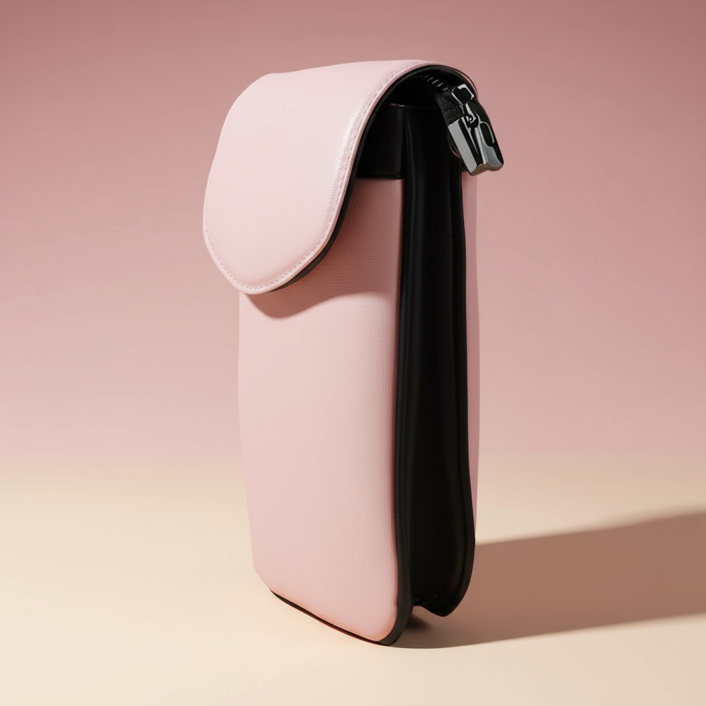 Sac À Main À Bandoulière Pour Téléphone Cellulaire Coloré en cuir châtaigne, vue élégante avec éclairage studio