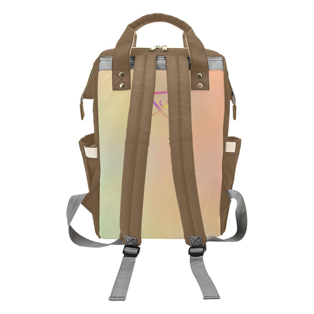 Sac à dos multiusage marron motif clair pastels avec plusieurs poches pratiques Bagaléa