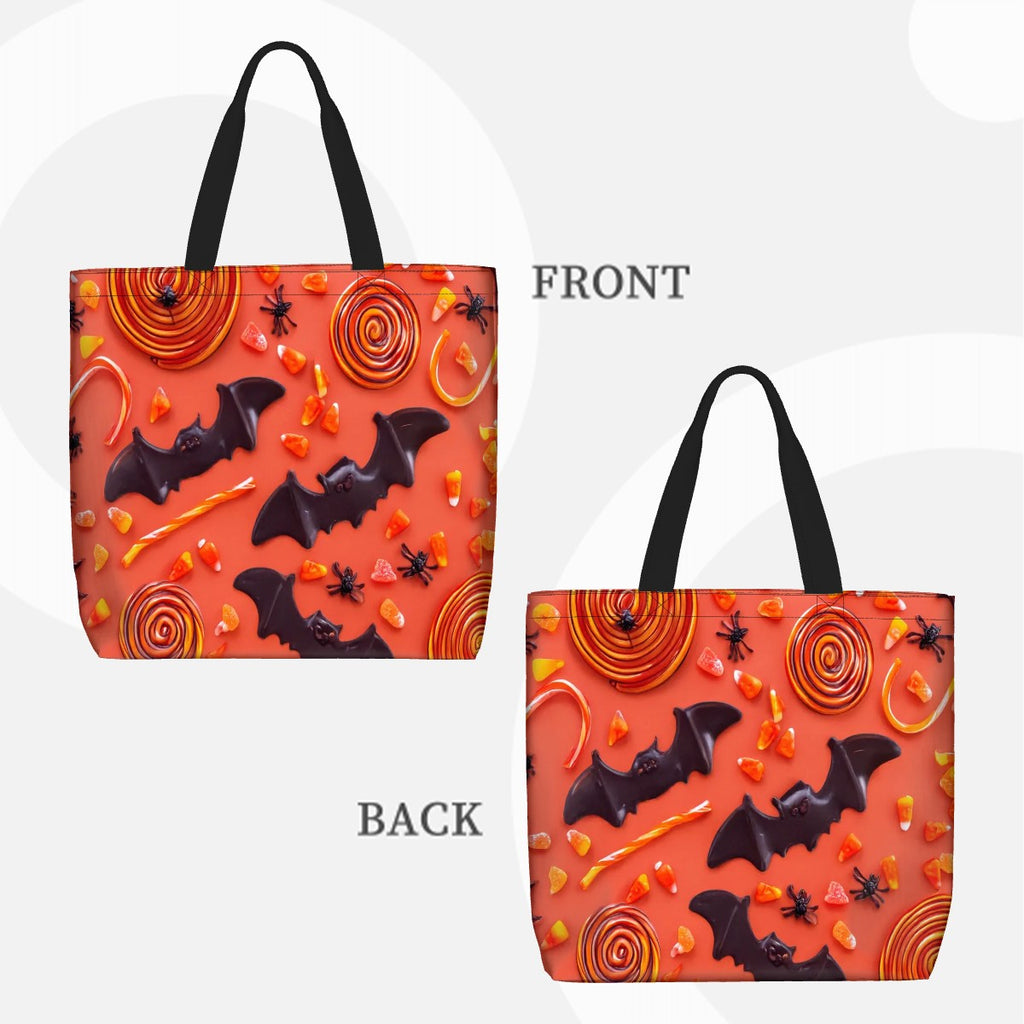 Sac fourre-tout Halloween avec motif de chauves-souris et bonbons, vue avant et arrière.