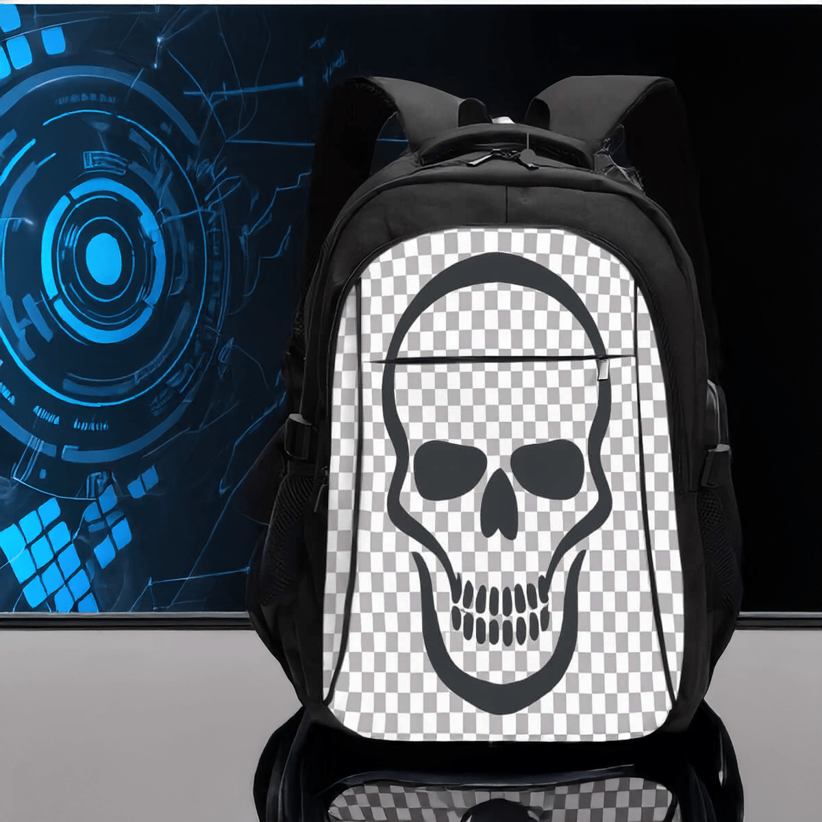 Sac à Dos Oxford avec Port USB et Motif Tête de Mort- Bagaléa
