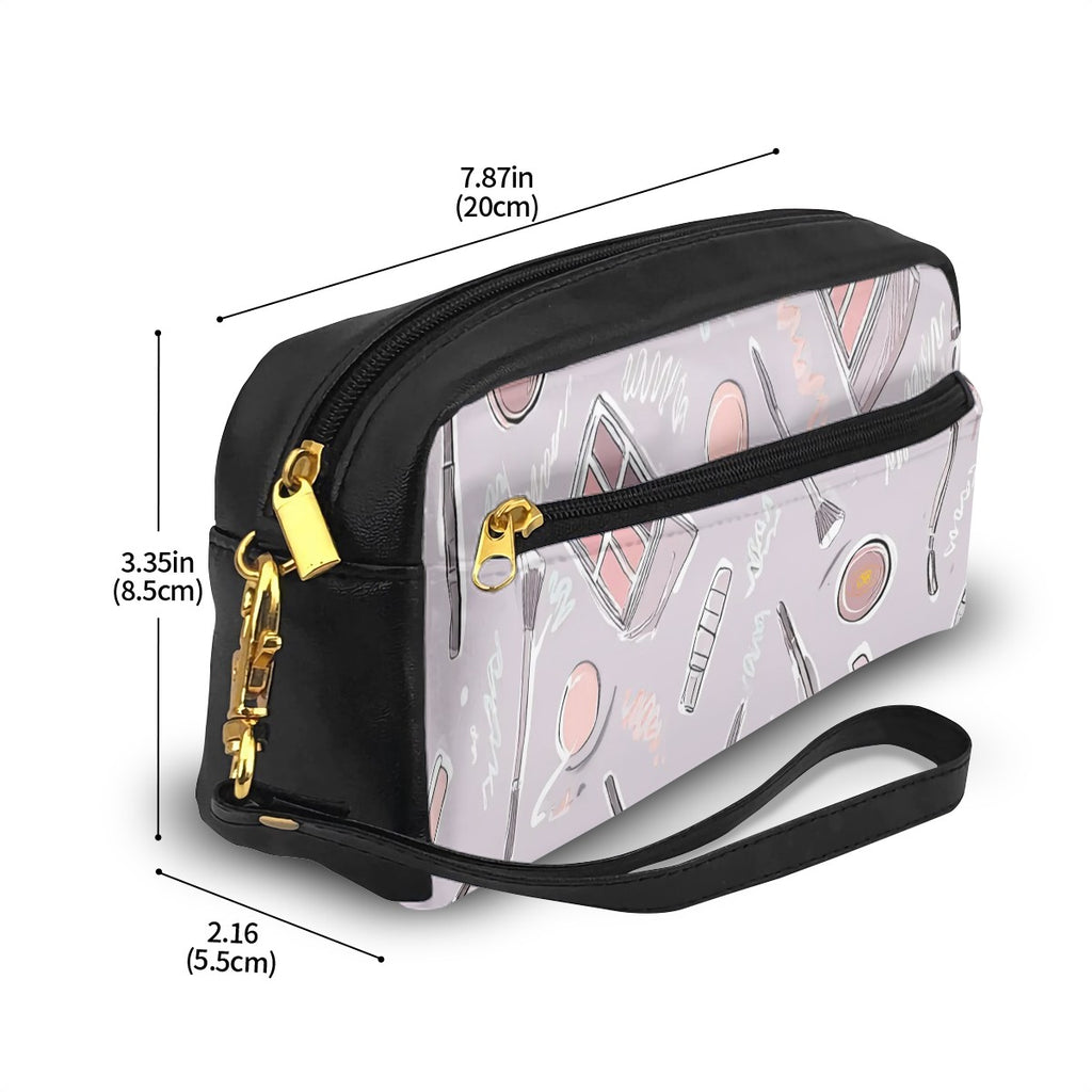 Trousse de maquillage rectangulaire en cuir PU motif cosmétiques – pinceaux, palettes et accessoires beauté sur fond mauve – Bagaléa

