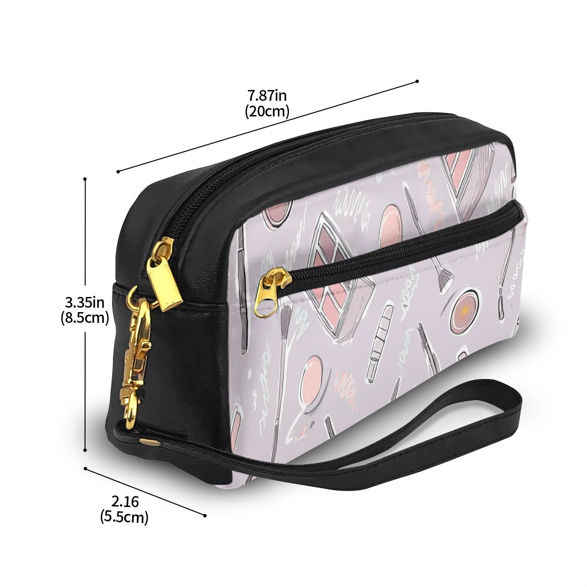 Trousse de maquillage rectangulaire en cuir PU motif cosmétiques – pinceaux, palettes et accessoires beauté sur fond mauve – Bagaléa
