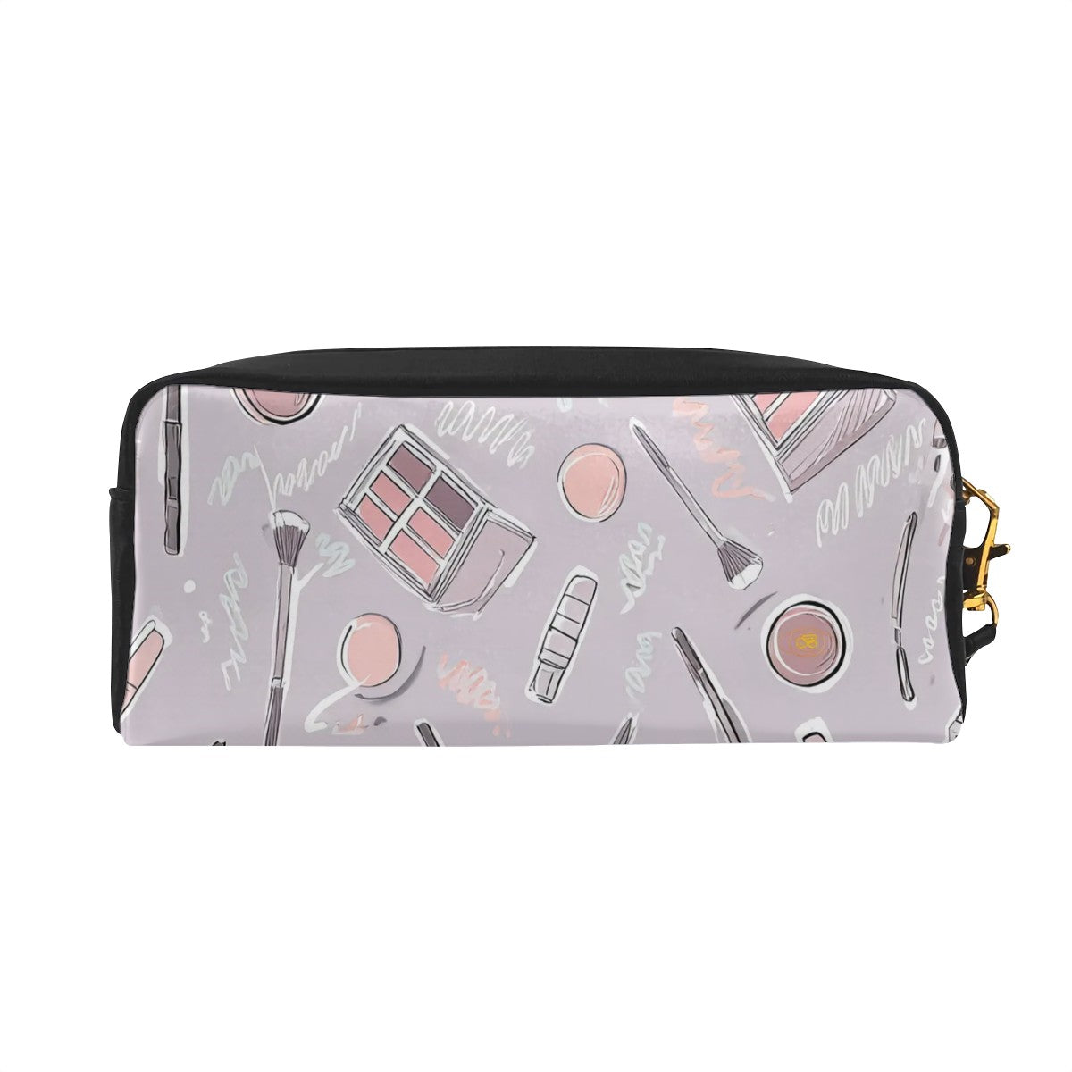 Trousse de maquillage rectangulaire en cuir PU motif cosmétiques – pinceaux, palettes et accessoires beauté sur fond mauve – Bagaléa

