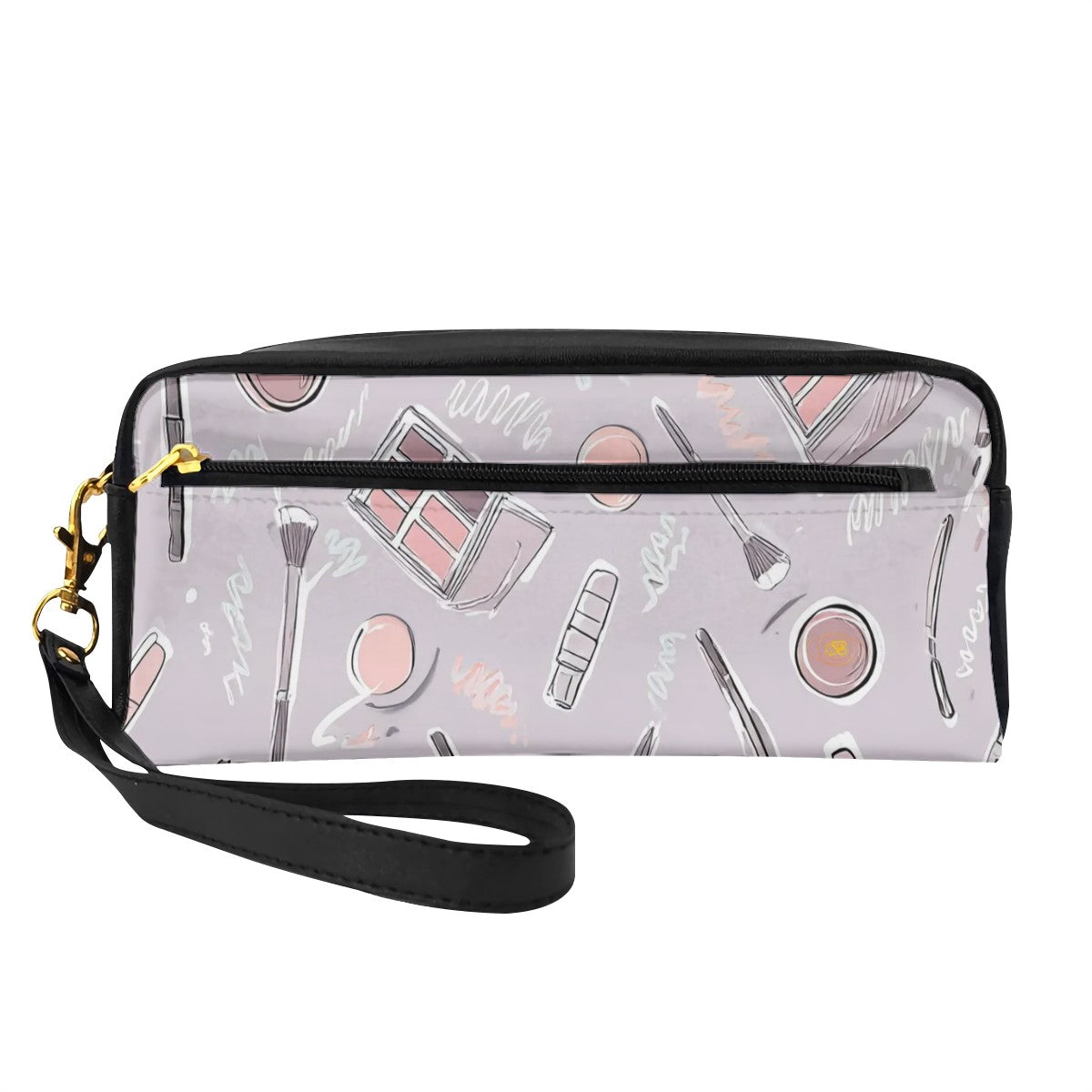 Trousse de maquillage rectangulaire en cuir PU motif cosmétiques – pinceaux, palettes et accessoires beauté sur fond mauve – Bagaléa
