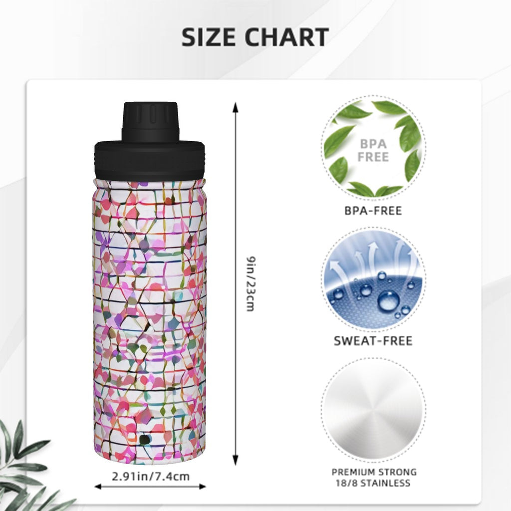 Bouteille d'eau sport 18oz Bagaléa – motif mosaïque floral rose et multicolore, couvercle sport noir avec anneau, acier inoxydable, sans BPA
