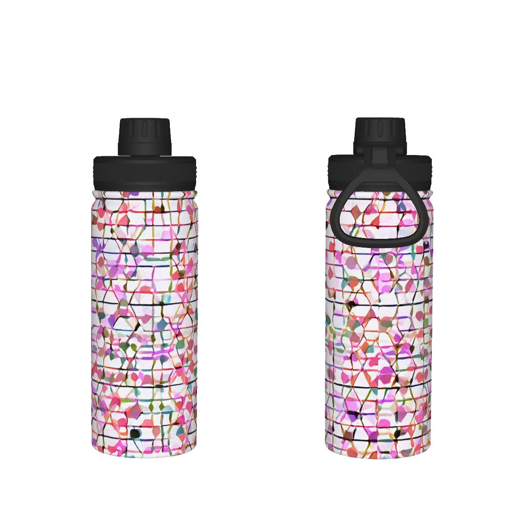 Bouteille d'eau sport 18oz Bagaléa – motif mosaïque floral rose et multicolore, couvercle sport noir avec anneau, acier inoxydable
