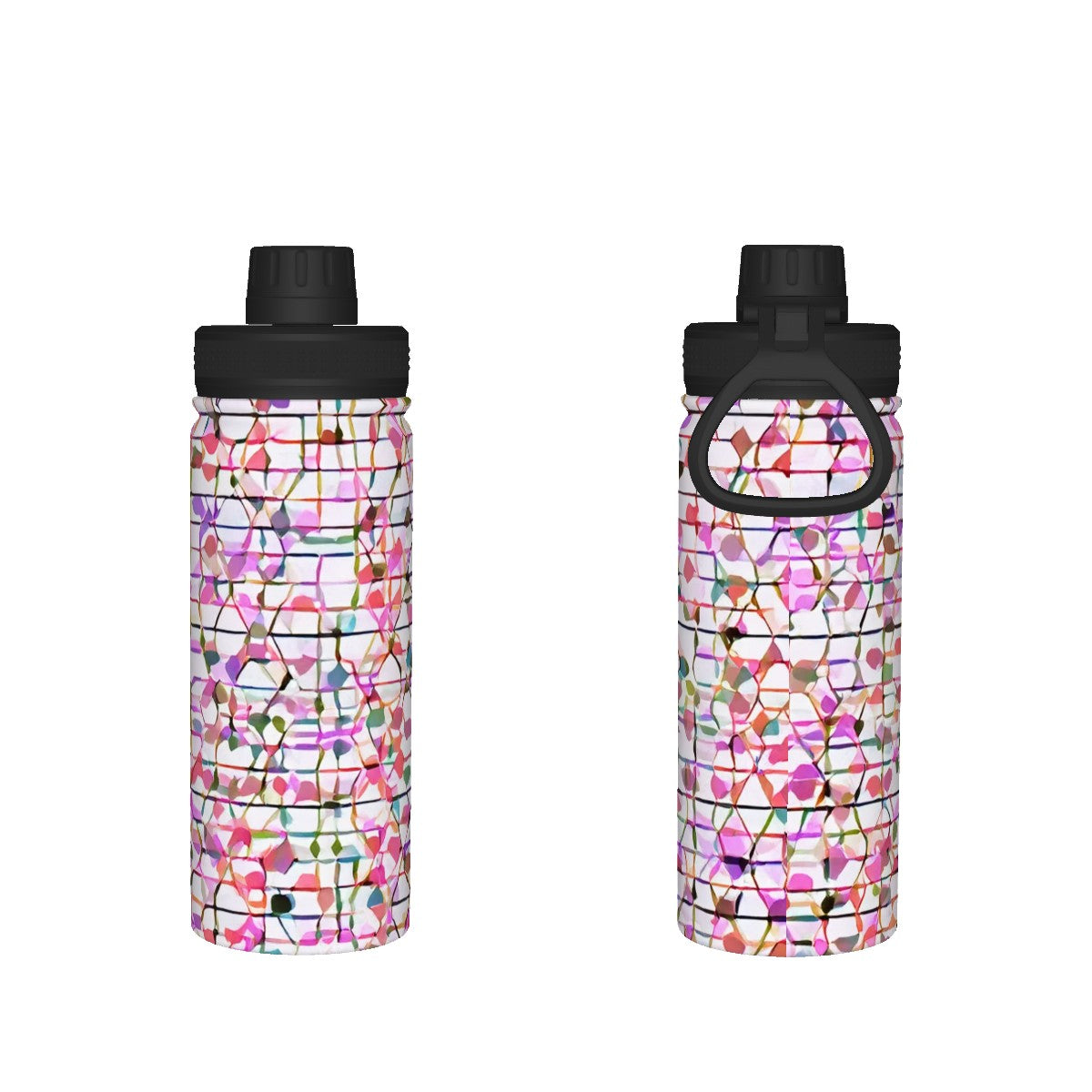 Bouteille d'eau sport 18oz Bagaléa – motif mosaïque floral rose et multicolore, couvercle sport noir avec anneau, acier inoxydable
