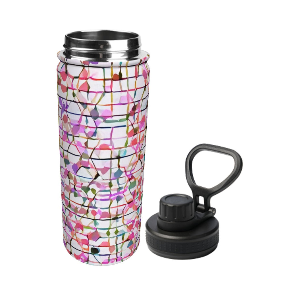 Bouteille d'eau sport 18oz Bagaléa – motif mosaïque floral rose et multicolore, couvercle sport noir avec anneau, acier inoxydable

