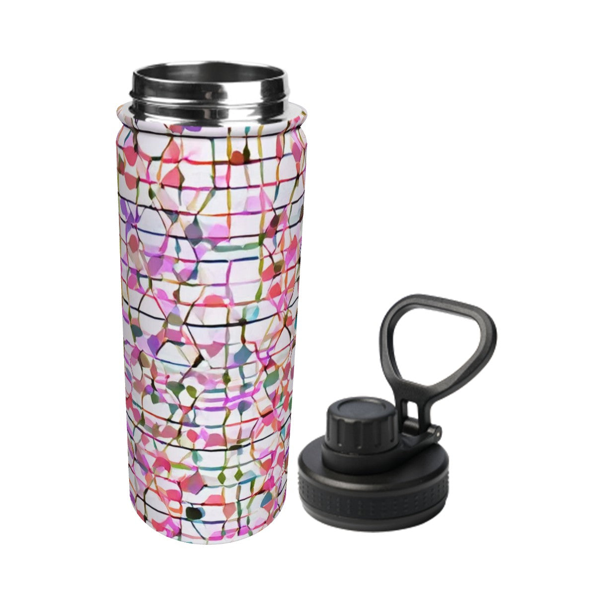 Bouteille d'eau sport 18oz Bagaléa – motif mosaïque floral rose et multicolore, couvercle sport noir avec anneau, acier inoxydable

