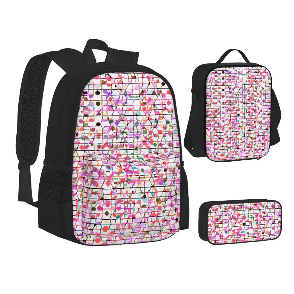 Ensemble 3 pièces Bagaléa motif Mosaïque Bloom – sac à dos, sac repas isotherme et trousse à crayons en tissu Oxford avec imprimé coloré rose et multicolore