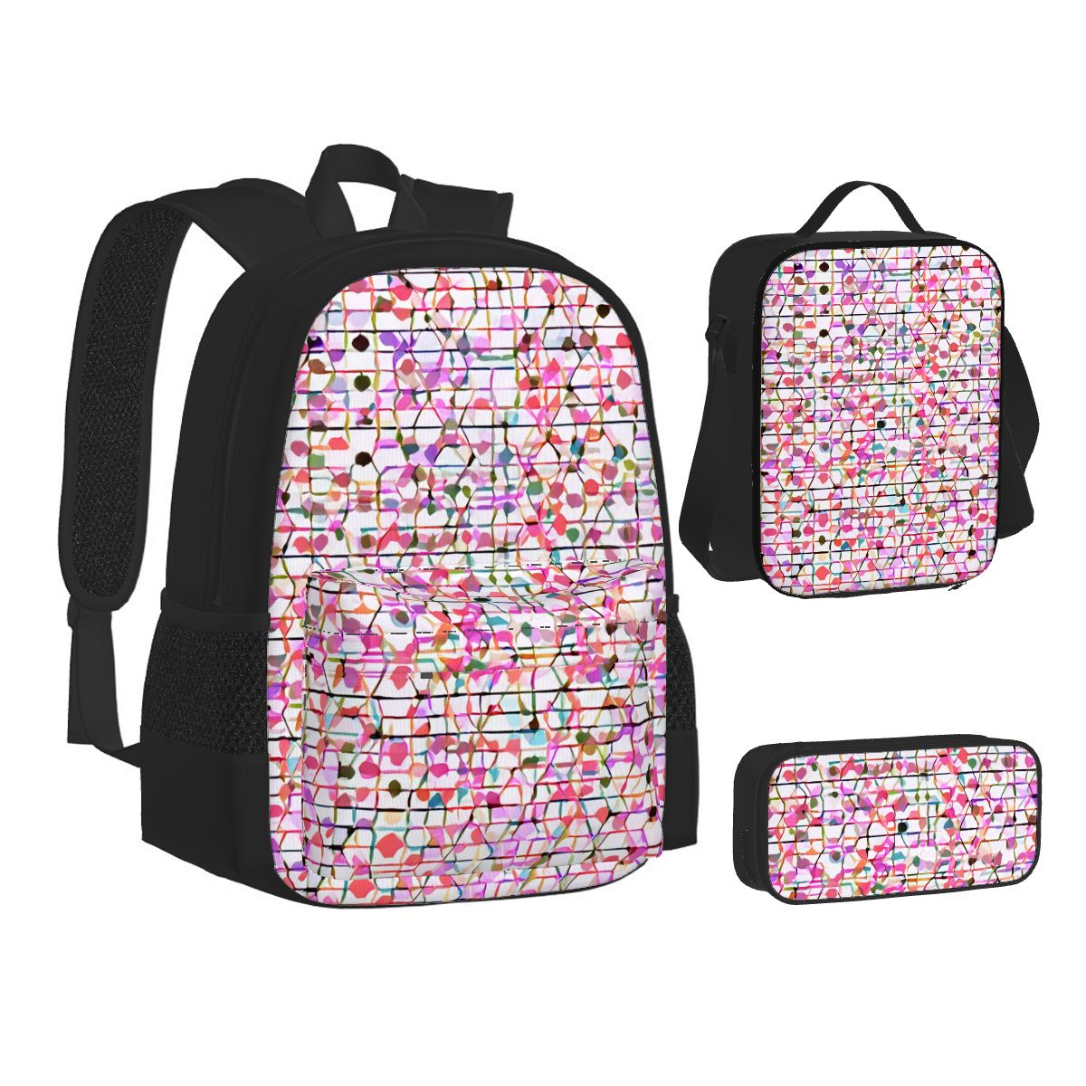 Ensemble 3 pièces Bagaléa motif Mosaïque Bloom – sac à dos, sac repas isotherme et trousse à crayons en tissu Oxford avec imprimé coloré rose et multicolore