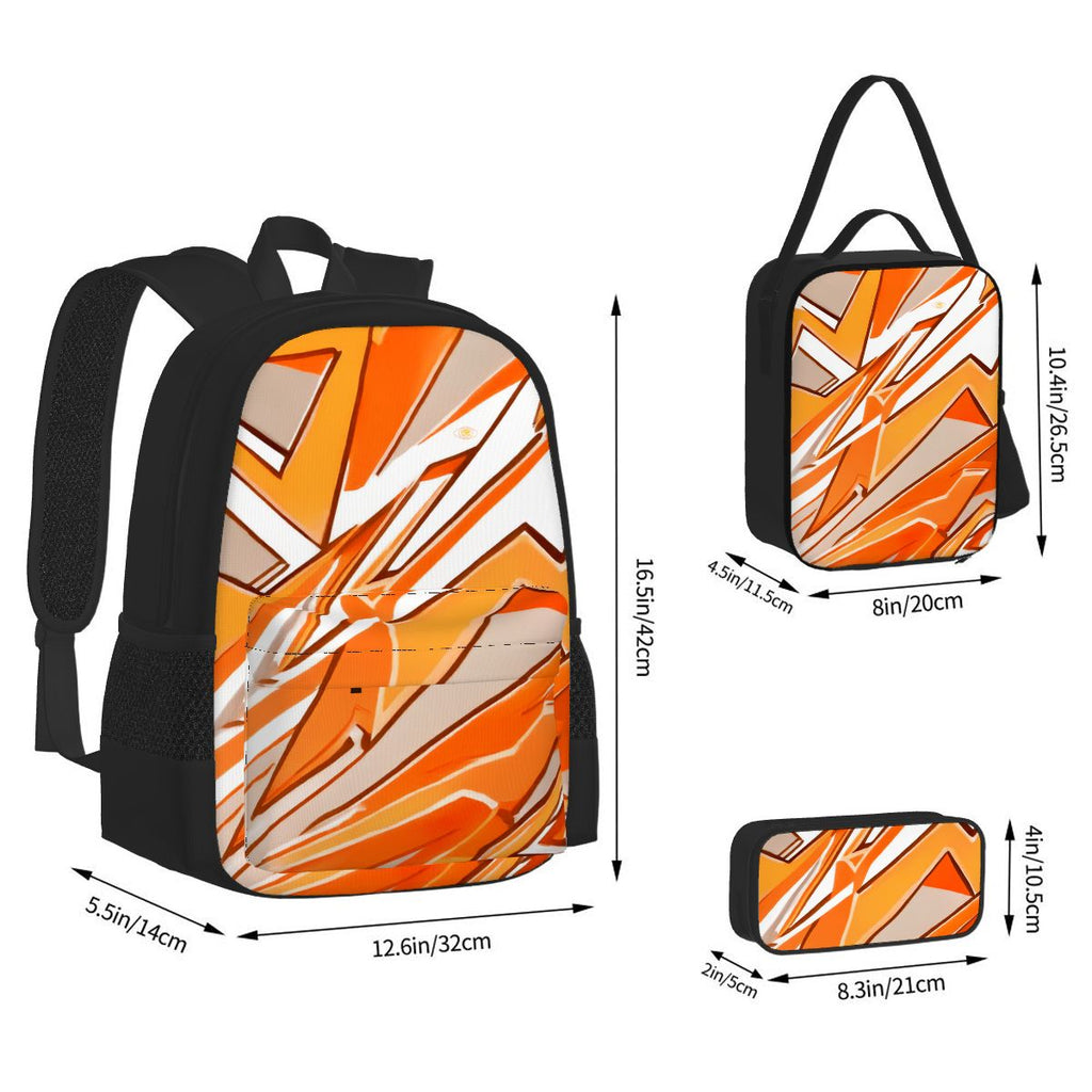 « Ensemble 3 pièces Bagaléa Flash Ember – sac à dos Oxford, sac repas isotherme et trousse à crayons avec motif graphique orange et blanc »

