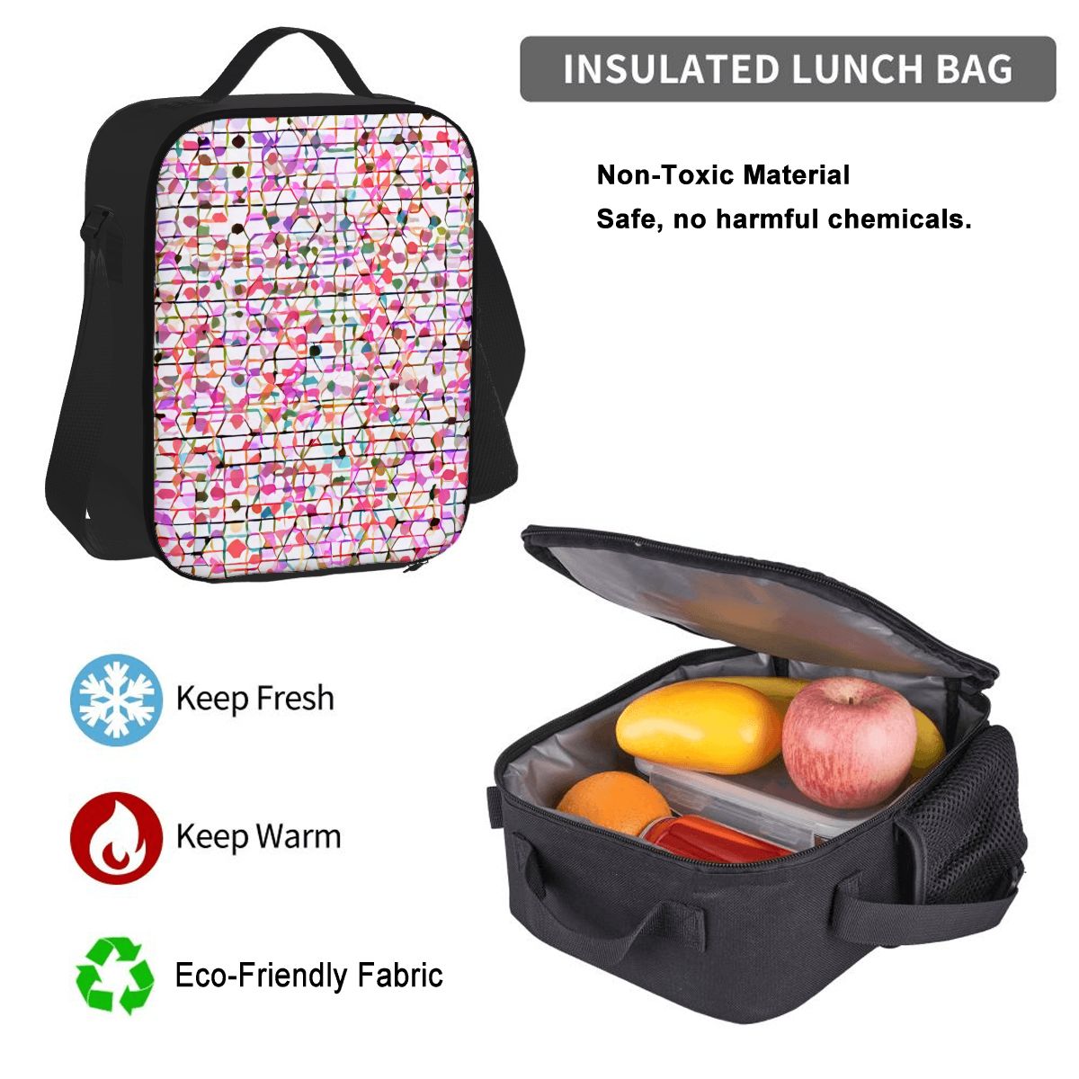 Ensemble 3 pièces Bagaléa motif Mosaïque Bloom – sac à dos, sac repas isotherme et trousse à crayons en tissu Oxford avec imprimé coloré rose et multicolore