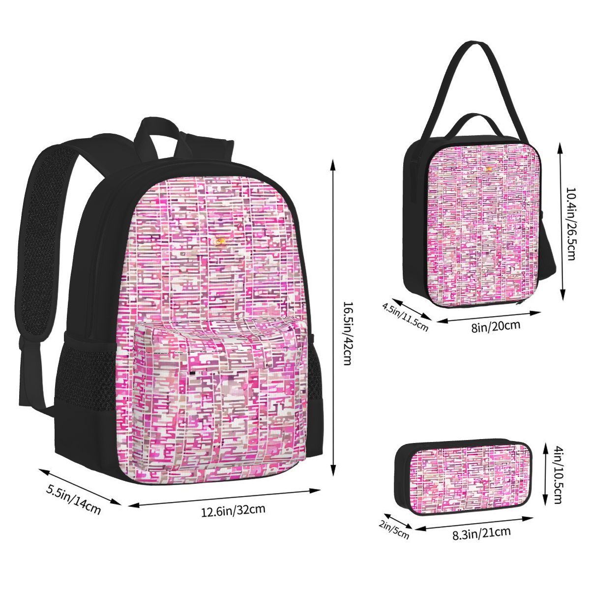 3 Piece Pixel Rose Set – Oxford backpack, insulated lunch bag & pencil case