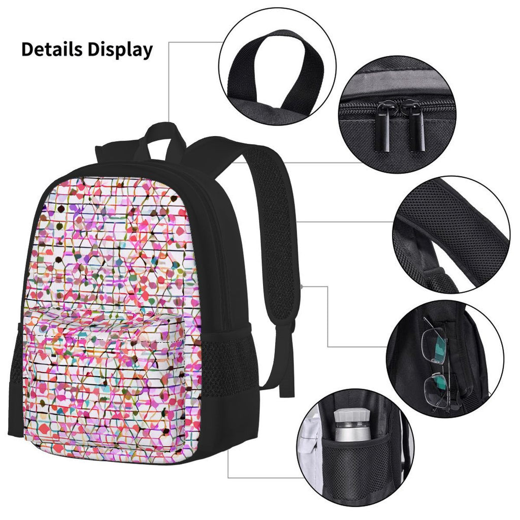 Ensemble 3 pièces Bagaléa motif Mosaïque Bloom – sac à dos, sac repas isotherme et trousse à crayons en tissu Oxford avec imprimé coloré rose et multicolore