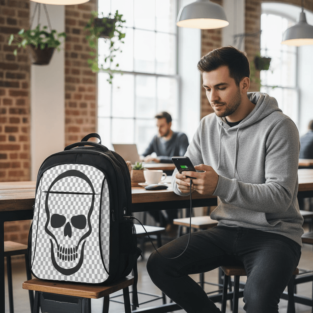 Sac à Dos Oxford avec Port USB et Motif Tête de Mort- Bagaléa