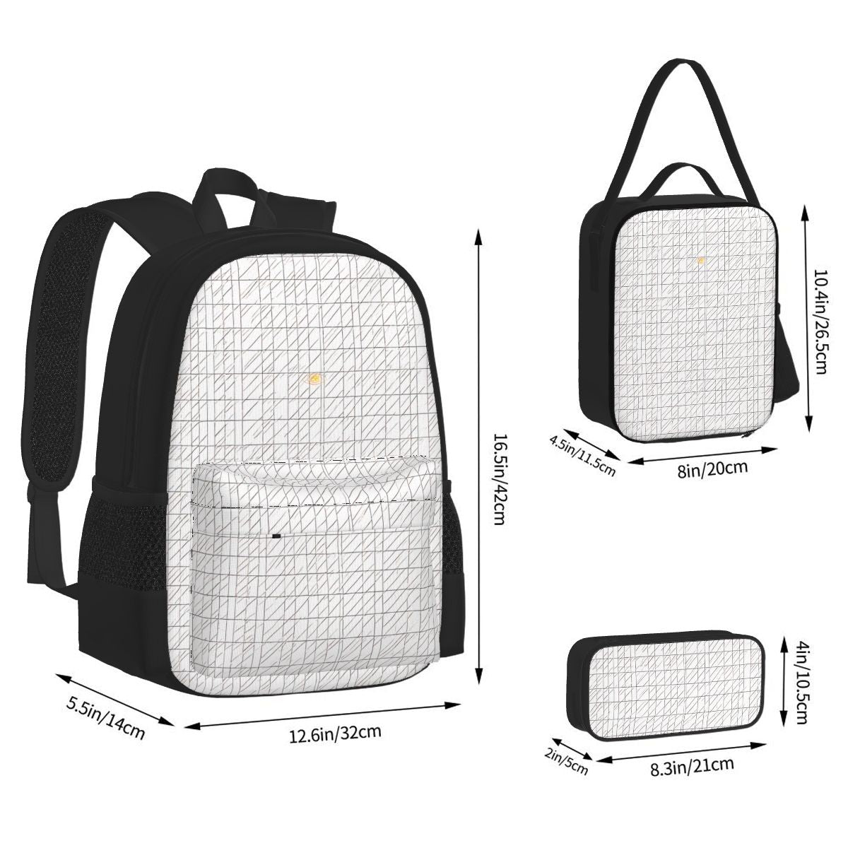 3-Piece White Canvas Bag Set – Oxford Backpack, Insulated Lunch Bag & Pencil Case