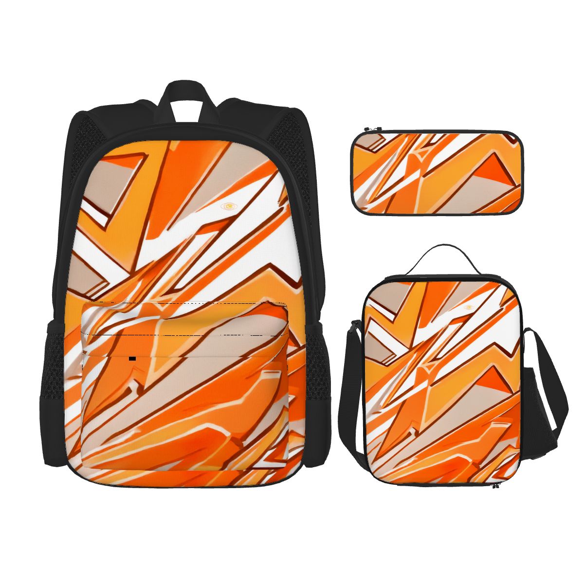 « Ensemble 3 pièces Bagaléa Flash Ember – sac à dos Oxford, sac repas isotherme et trousse à crayons avec motif graphique orange et blanc »
